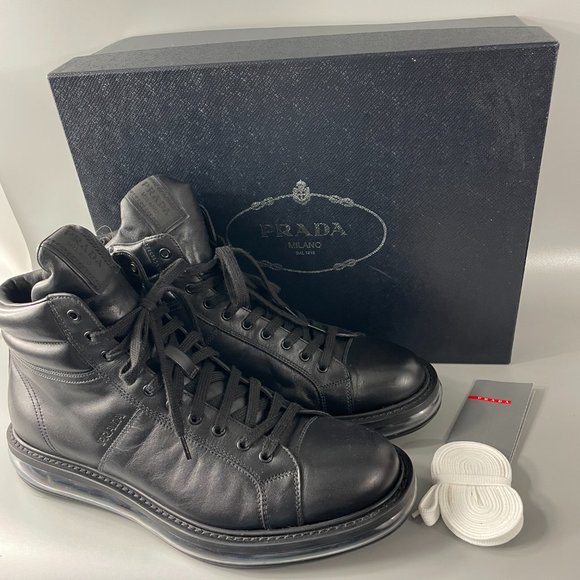 Authentic Prada Black Leather High Top Sneakers, Men's Size 9 (US 10) - Picture 1 of 15